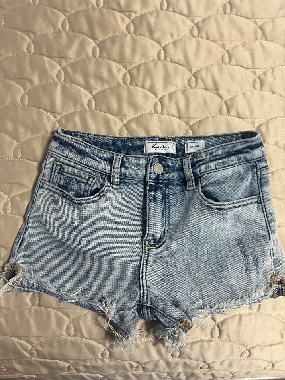 KanCan Youth Light Blue Distressed Denim Cutoff Shorts. Mid rise